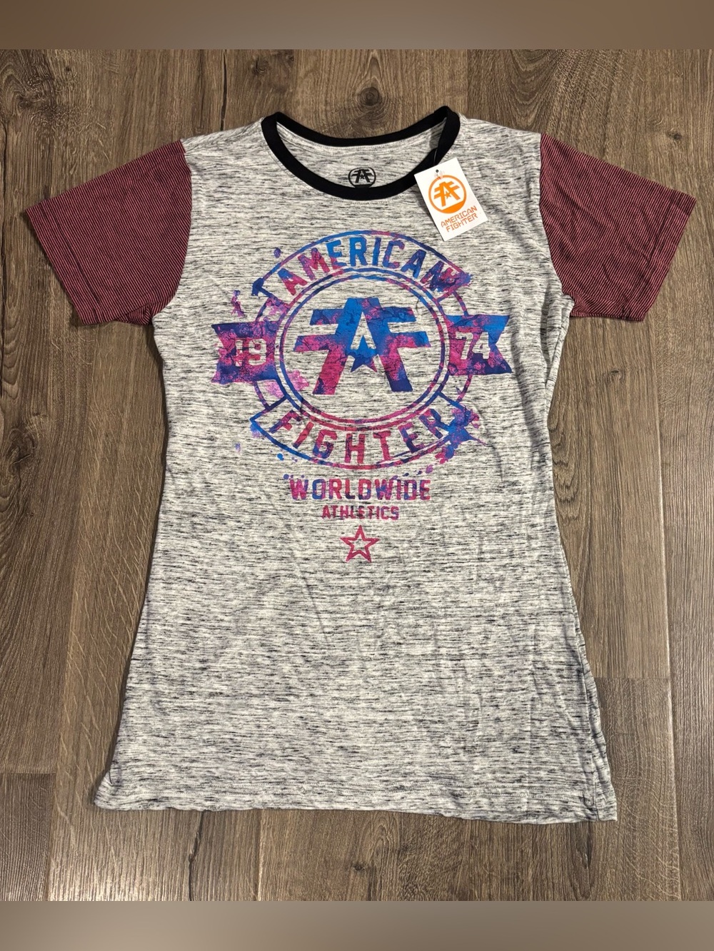 American Fighter Grey Heather Tee with Burgundy Sleeves and Blue-Pink Logo Sz Lg